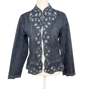 Chico's Platinum 0 (US S/4) Beaded Floral Lace Blue Denim Jacket